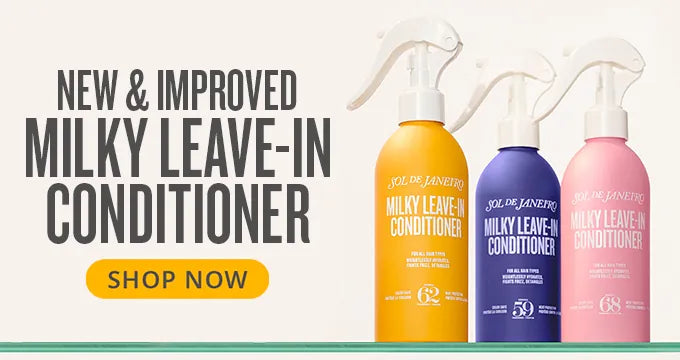 Three bottles of Sol de Janeiro Milky Leave-In Conditioner on a white background with promotional text.