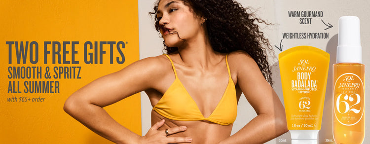 Woman in yellow bikini with Sol de Janeiro products on a yellow background